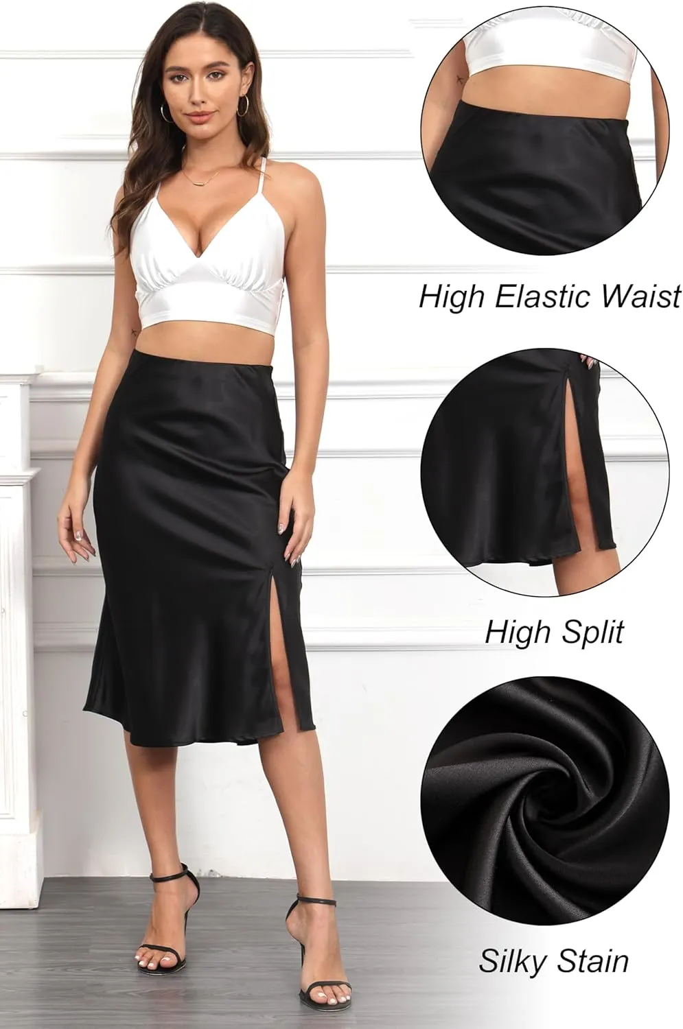 ALCEA ROSEA Womens Silky Satin Midi Skirt High Waist Elastic Waist A Line Skirt with Slit