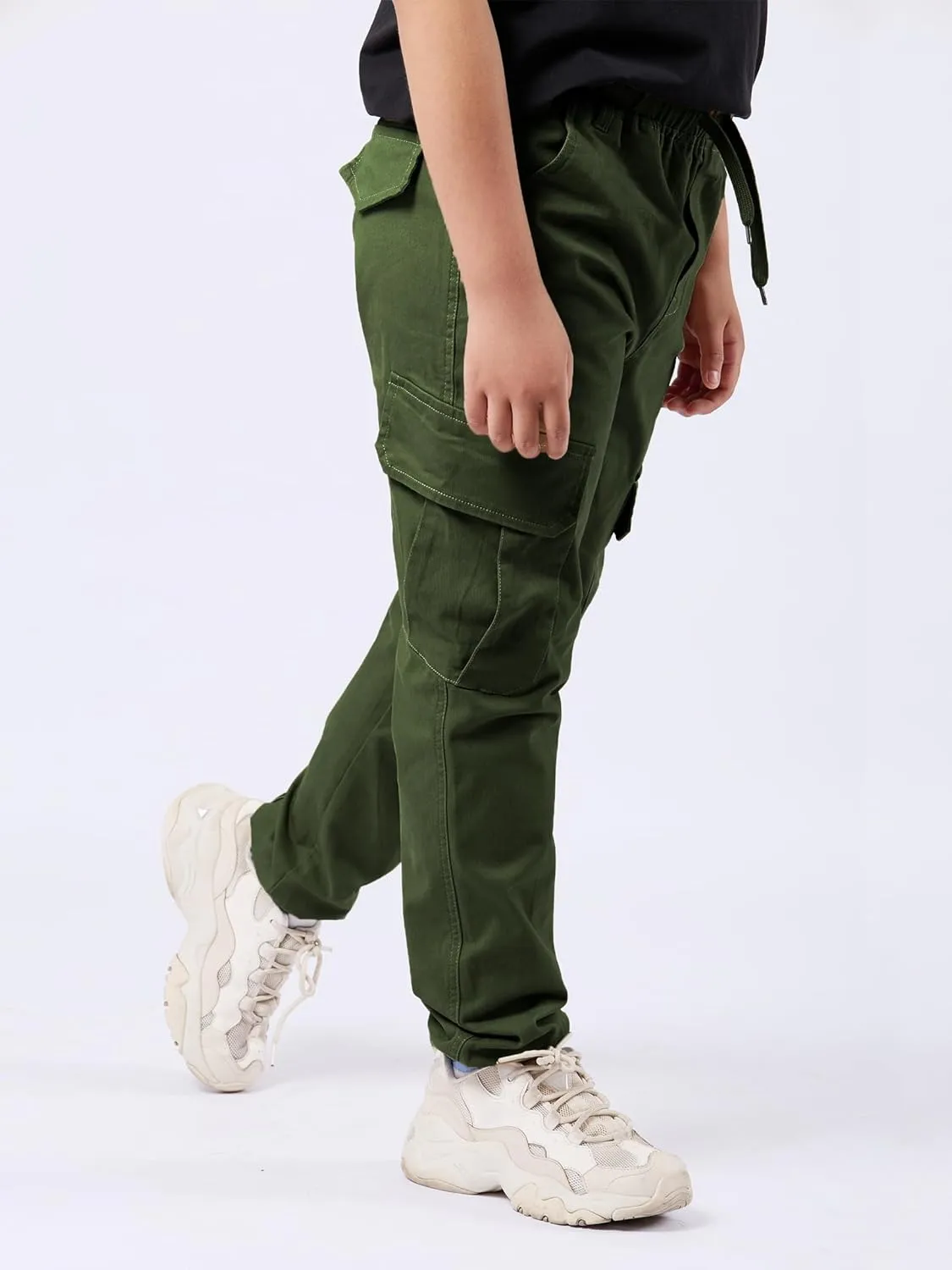 Boys Cargo Pants Drawstring Pull on Trousers for Kids Children School Elastic Cuffed Joggers 6-14 Years