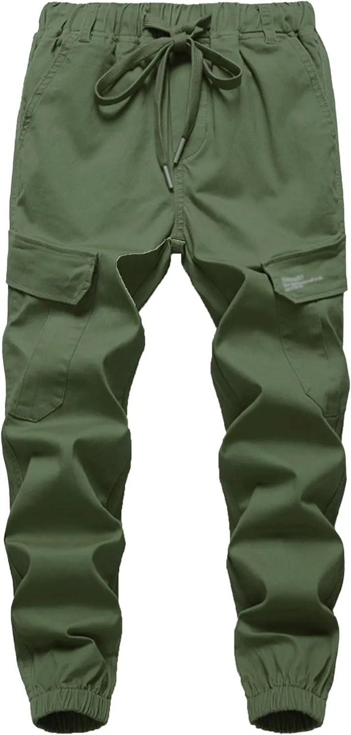 Boys Cargo Pants Drawstring Pull on Trousers for Kids Children School Elastic Cuffed Joggers 6-14 Years