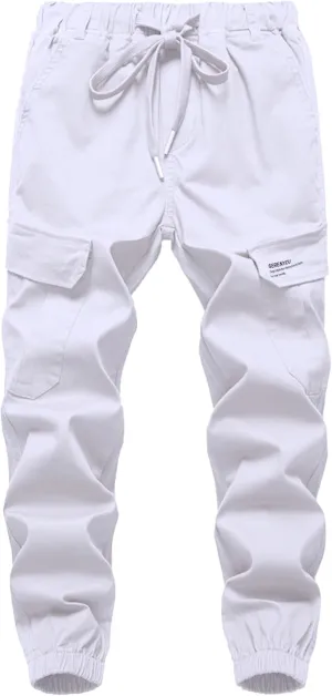 Boys Cargo Pants Drawstring Pull on Trousers for Kids Children School Elastic Cuffed Joggers 6-14 Years