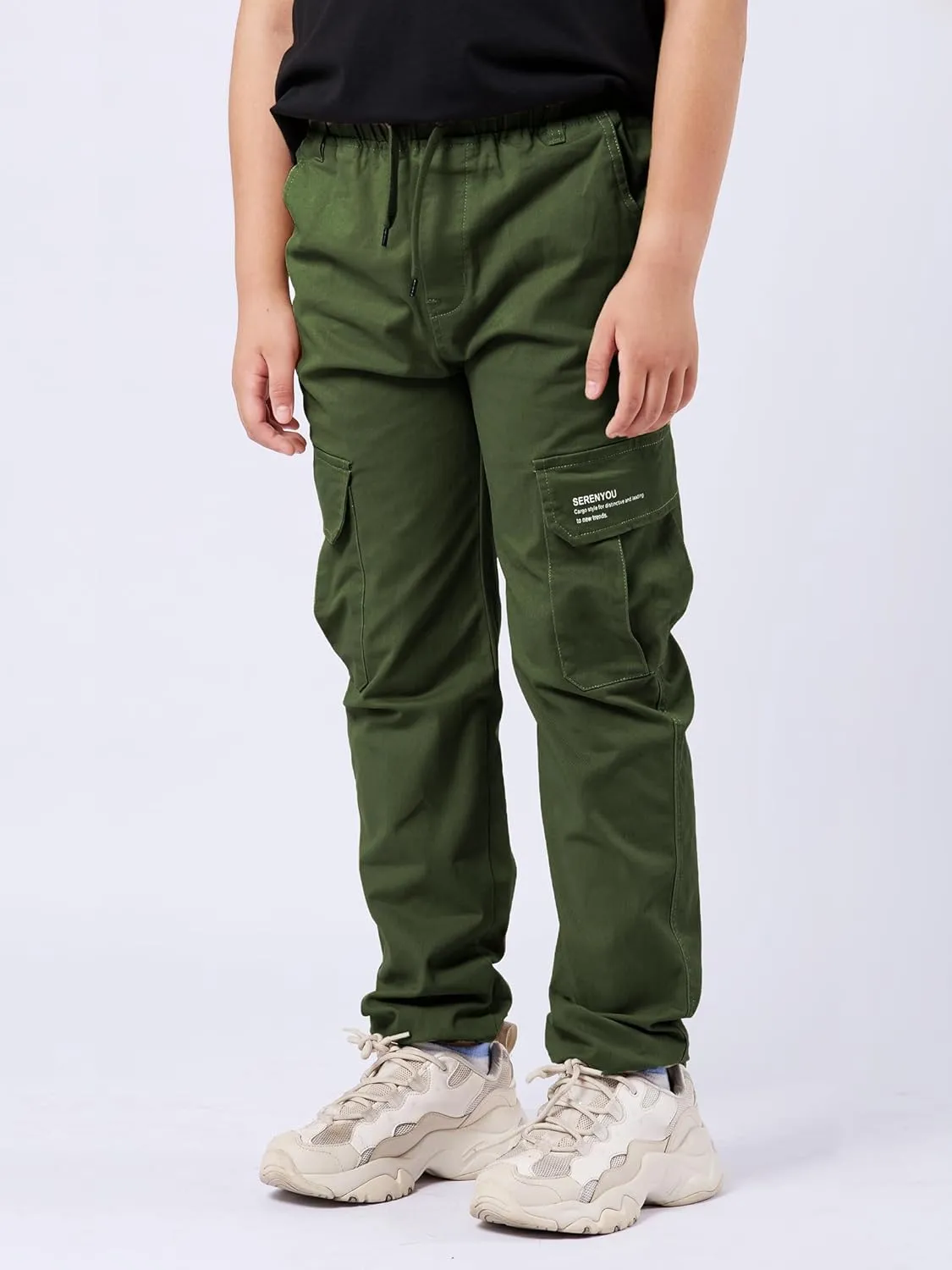 Boys Cargo Pants Drawstring Pull on Trousers for Kids Children School Elastic Cuffed Joggers 6-14 Years