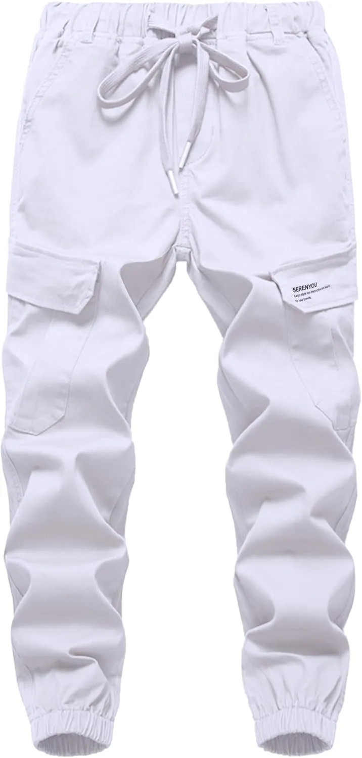 Boys Cargo Pants Drawstring Pull on Trousers for Kids Children School Elastic Cuffed Joggers 6-14 Years