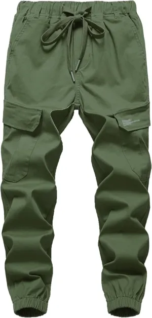 Boys Cargo Pants Drawstring Pull on Trousers for Kids Children School Elastic Cuffed Joggers 6-14 Years
