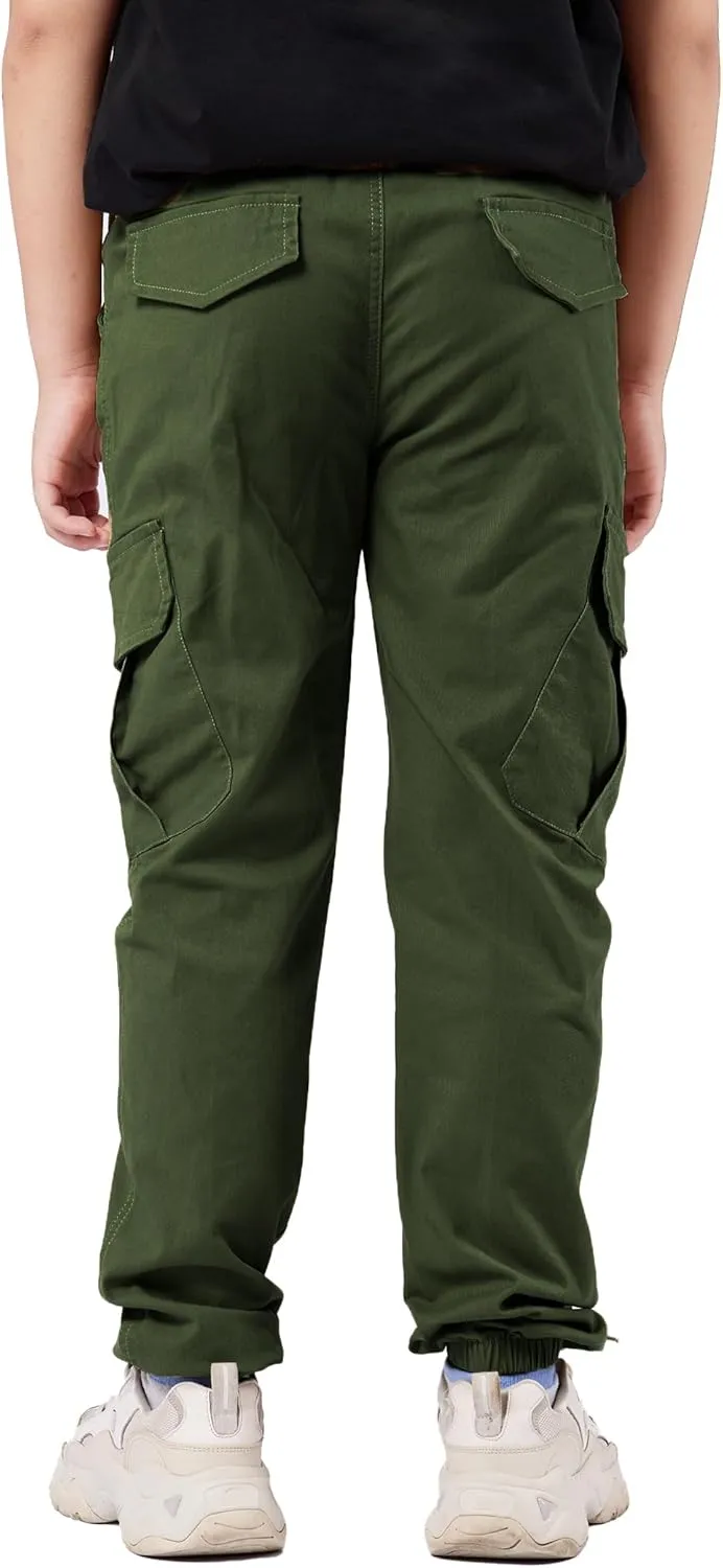 Boys Cargo Pants Drawstring Pull on Trousers for Kids Children School Elastic Cuffed Joggers 6-14 Years