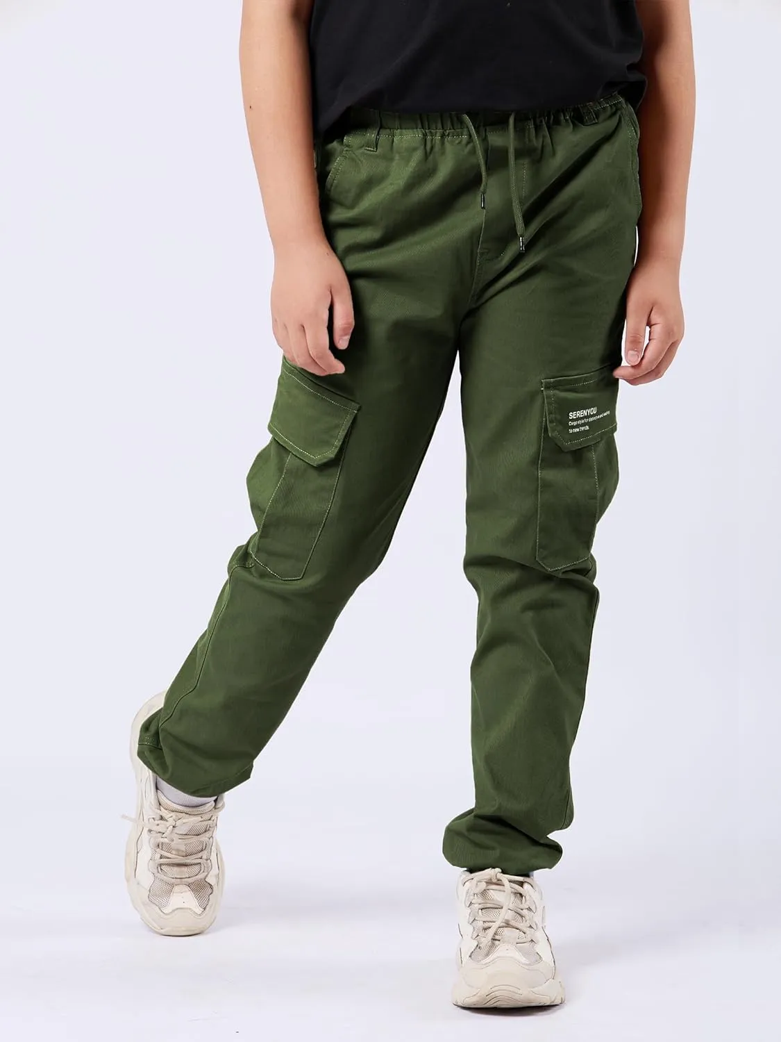 Boys Cargo Pants Drawstring Pull on Trousers for Kids Children School Elastic Cuffed Joggers 6-14 Years