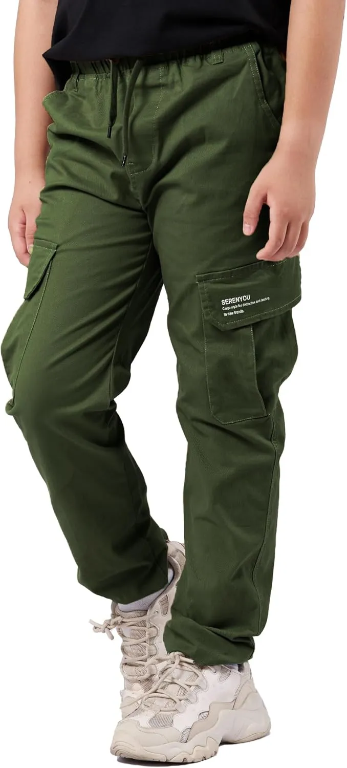 Boys Cargo Pants Drawstring Pull on Trousers for Kids Children School Elastic Cuffed Joggers 6-14 Years