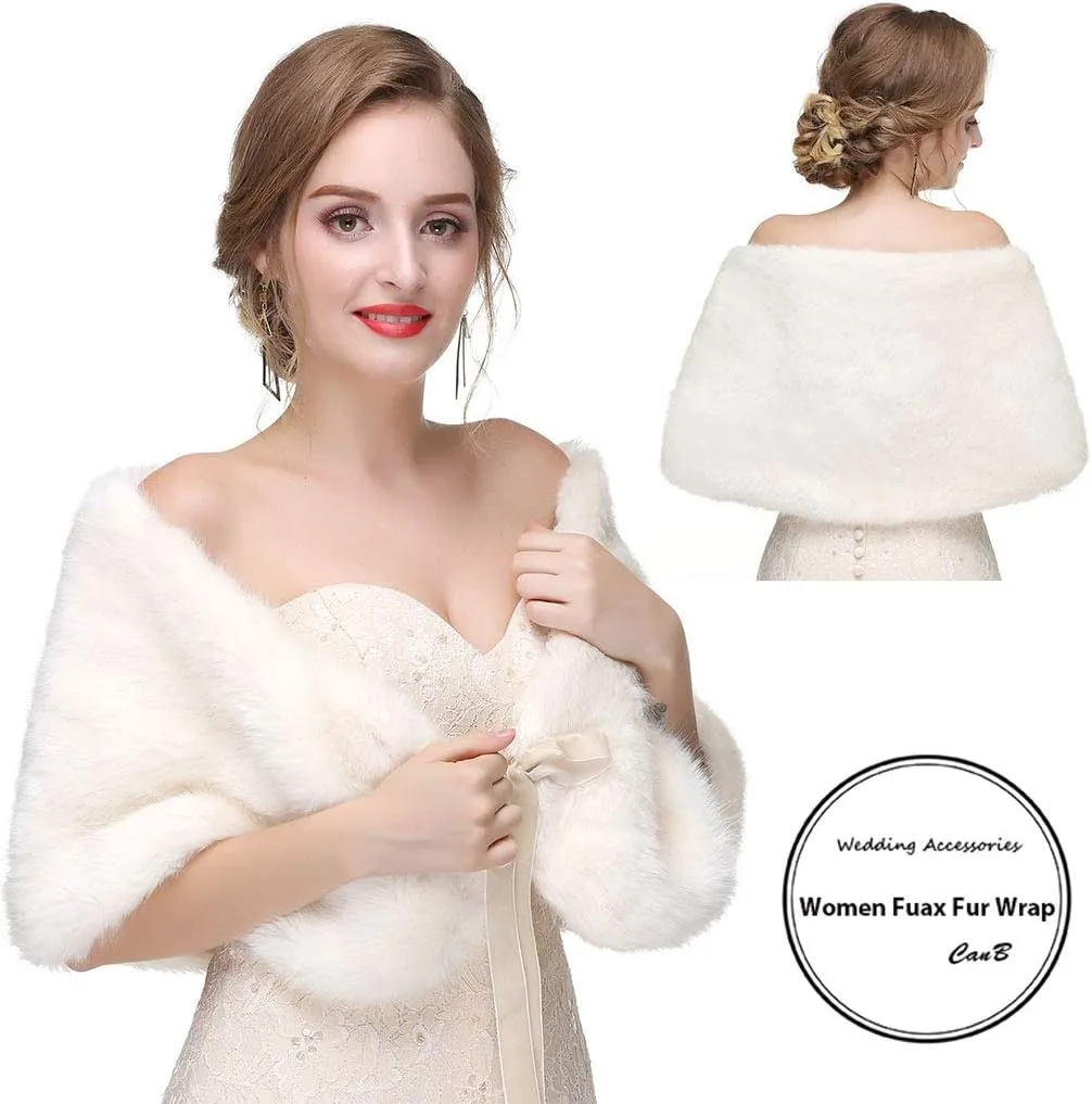 CanB Women's Faux Rabbit Fur Stole Winter Bridal Fur Wraps and Shawls Bride Wedding Fur Cape for Bridesmaids