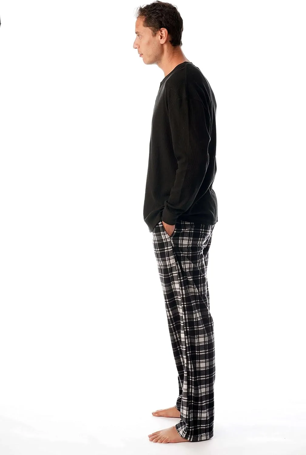 #followme Pajama Set for Men with Thermal Henley Top and Polar Fleece Pants