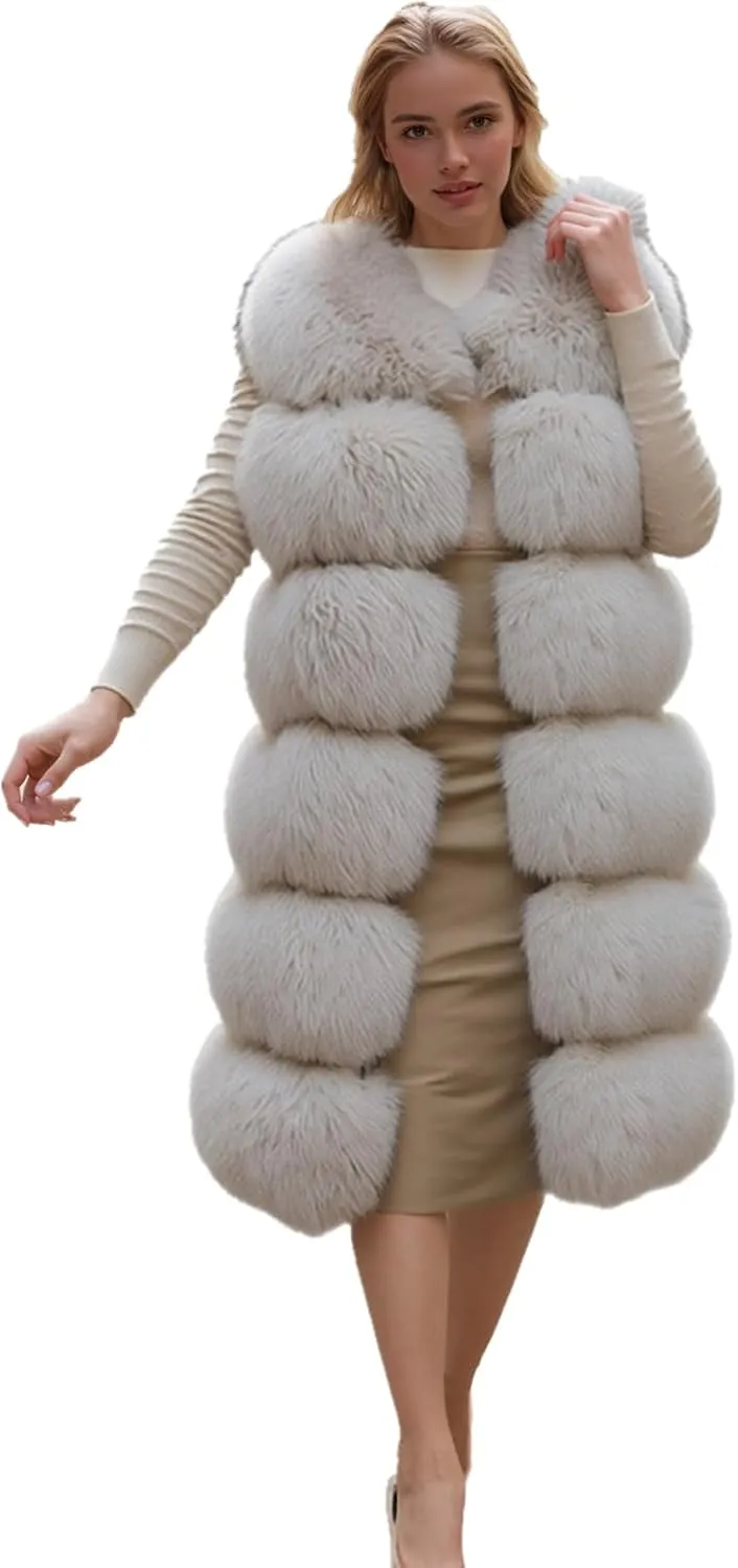 Lisa Colly Women's Faux Fox Fur Coat Jacket Winter Sleeveless Faux Fur Vest Outwear