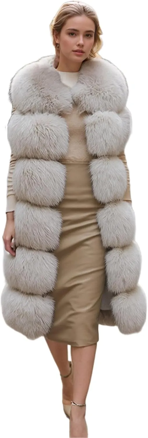 Lisa Colly Women's Faux Fox Fur Coat Jacket Winter Sleeveless Faux Fur Vest Outwear