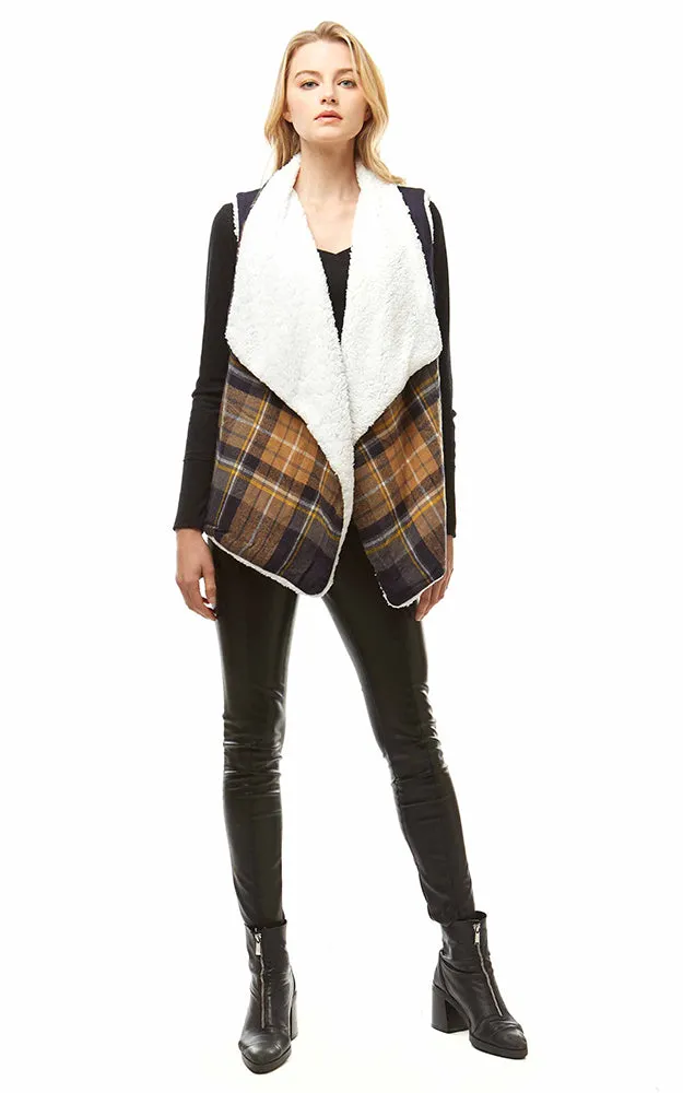 LOF948 Plaid Print Faux Fur Lining Vest