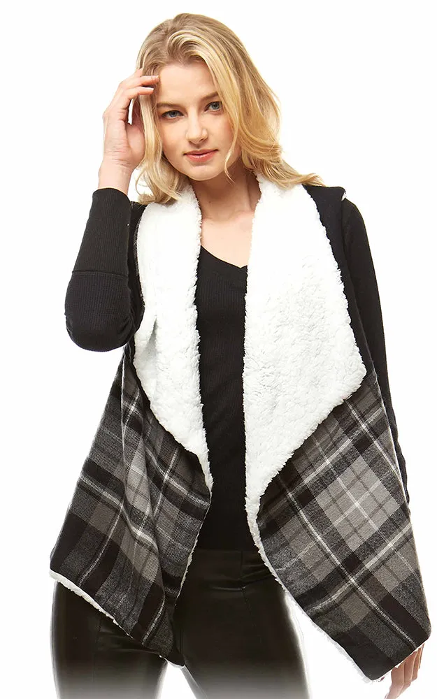 LOF948 Plaid Print Faux Fur Lining Vest