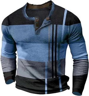 Long Sleeve Henley Shirts for Men Casual 1/4 Button Plaid Printed Color Block Distressed Vintage Sweatshirts Plus Size Tops