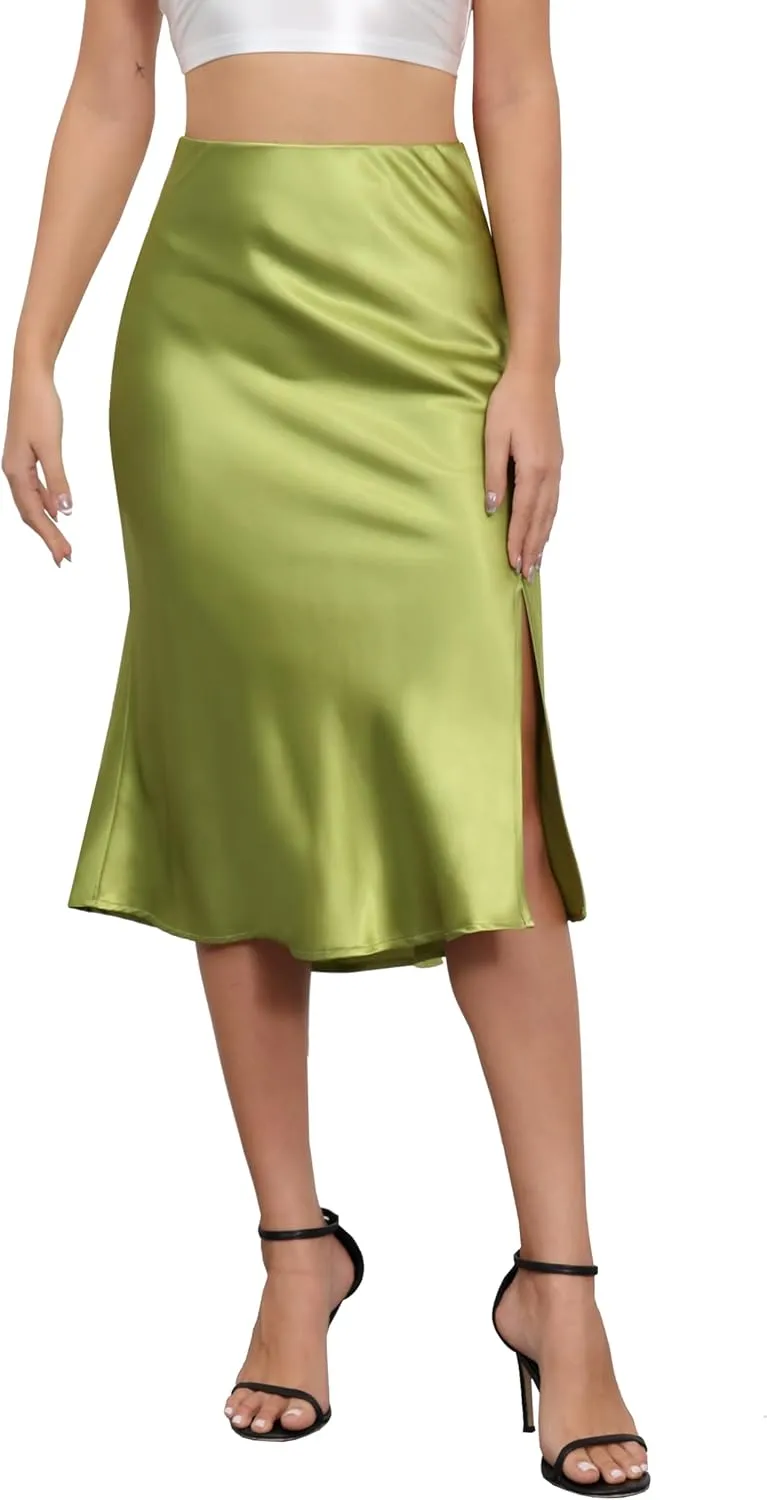 Mist Azur Women Silky Satin Side Split Skirt High Waist Elastic Elegant A Line Midi Skirts for Women
