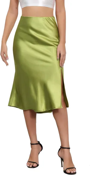 Mist Azur Women Silky Satin Side Split Skirt High Waist Elastic Elegant A Line Midi Skirts for Women