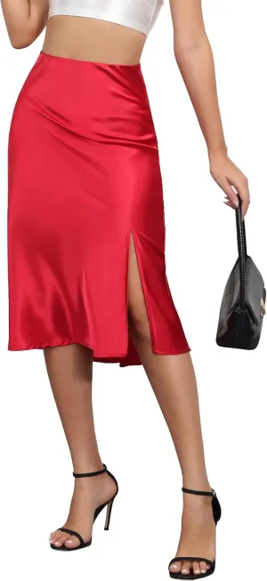 Mist Azur Women Silky Satin Side Split Skirt High Waist Elastic Elegant A Line Midi Skirts for Women