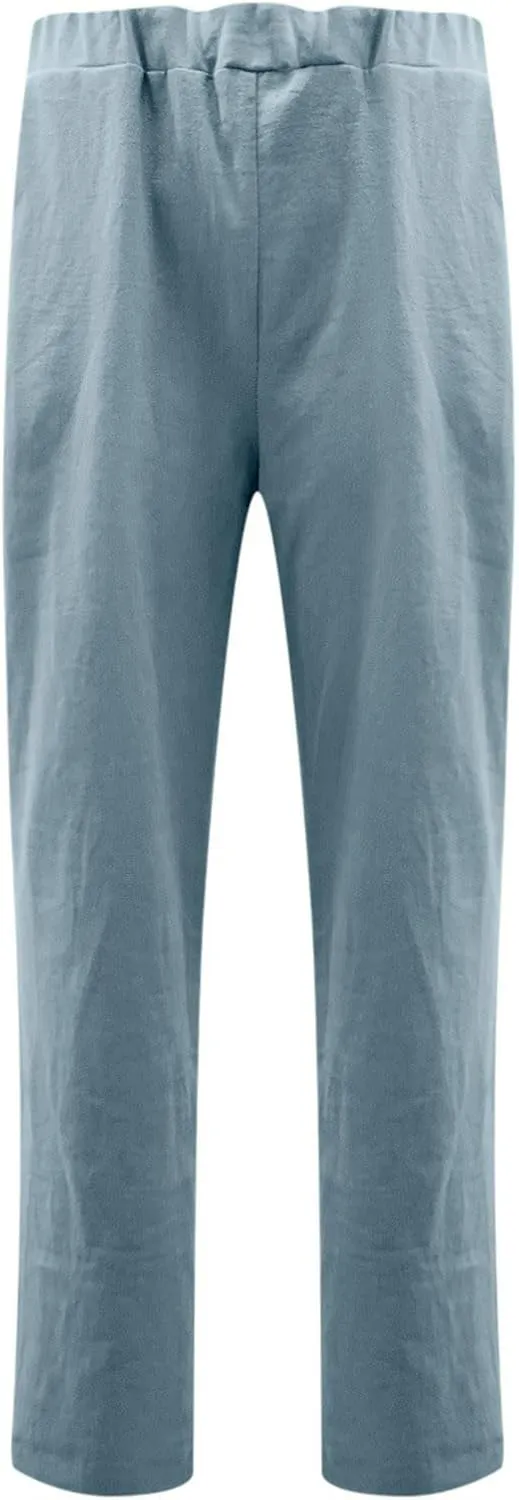 Pants for Women Trendy 2024 Casual Summer Elastic Waist Cotton Linen Pants Straight Leg Crop Trousers