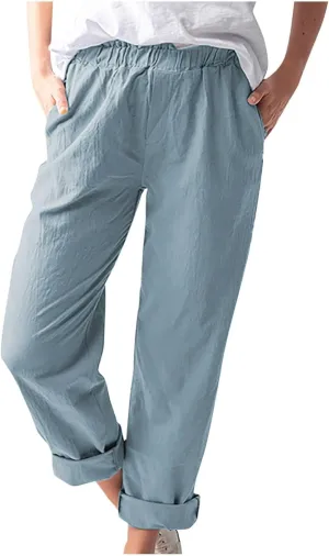 Pants for Women Trendy 2024 Casual Summer Elastic Waist Cotton Linen Pants Straight Leg Crop Trousers