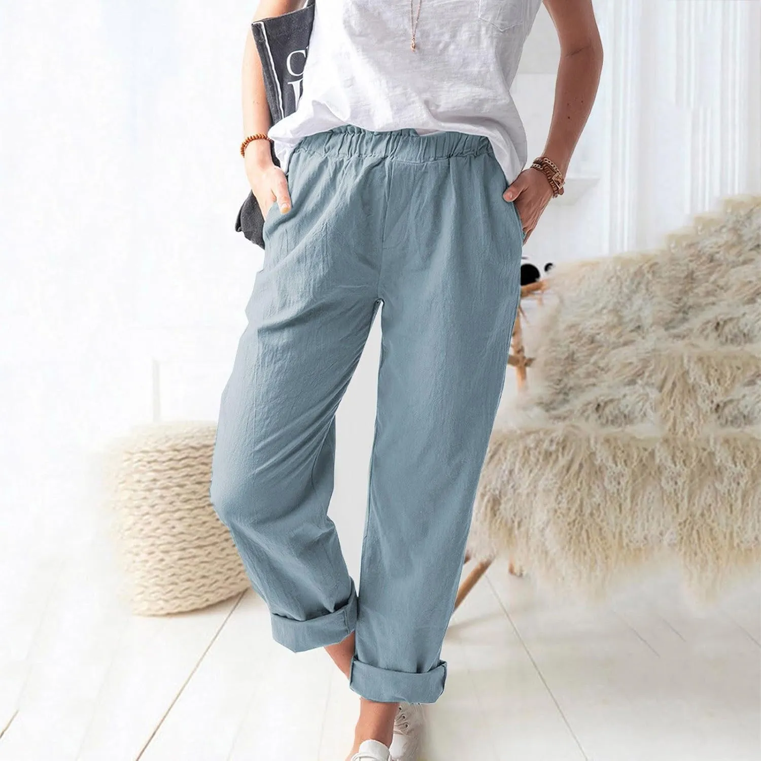 Pants for Women Trendy 2024 Casual Summer Elastic Waist Cotton Linen Pants Straight Leg Crop Trousers