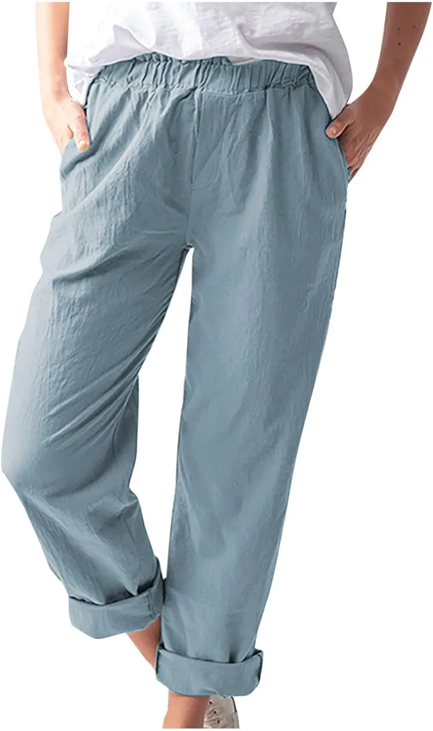 Pants for Women Trendy 2024 Casual Summer Elastic Waist Cotton Linen Pants Straight Leg Crop Trousers