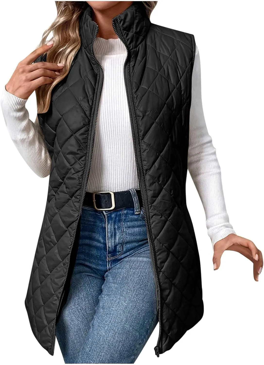 Puffer Vest for Women 2024 Winter Quilted Padded Warm Coat Stand Collar Full Zip Sleeveless Bubble Jacket Outwear