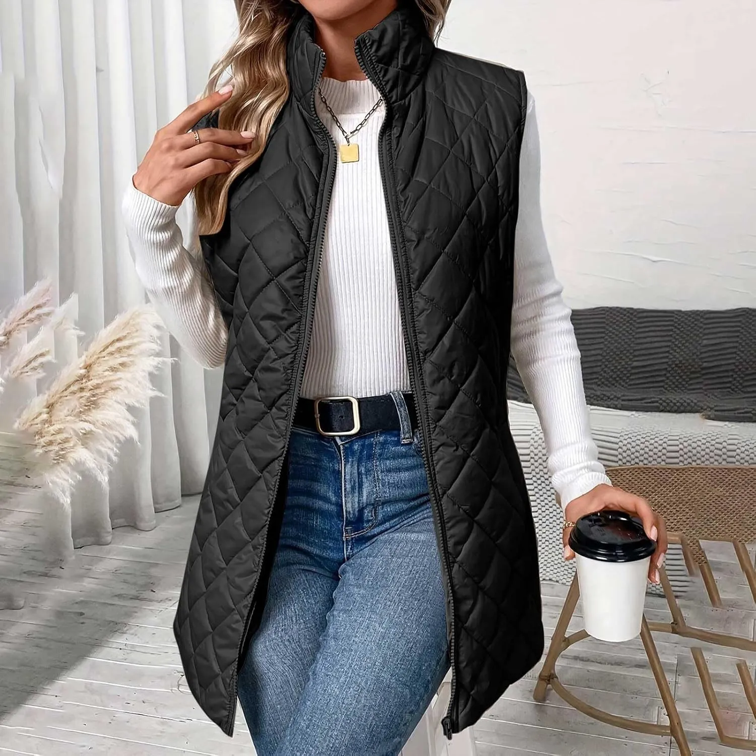 Puffer Vest for Women 2024 Winter Quilted Padded Warm Coat Stand Collar Full Zip Sleeveless Bubble Jacket Outwear