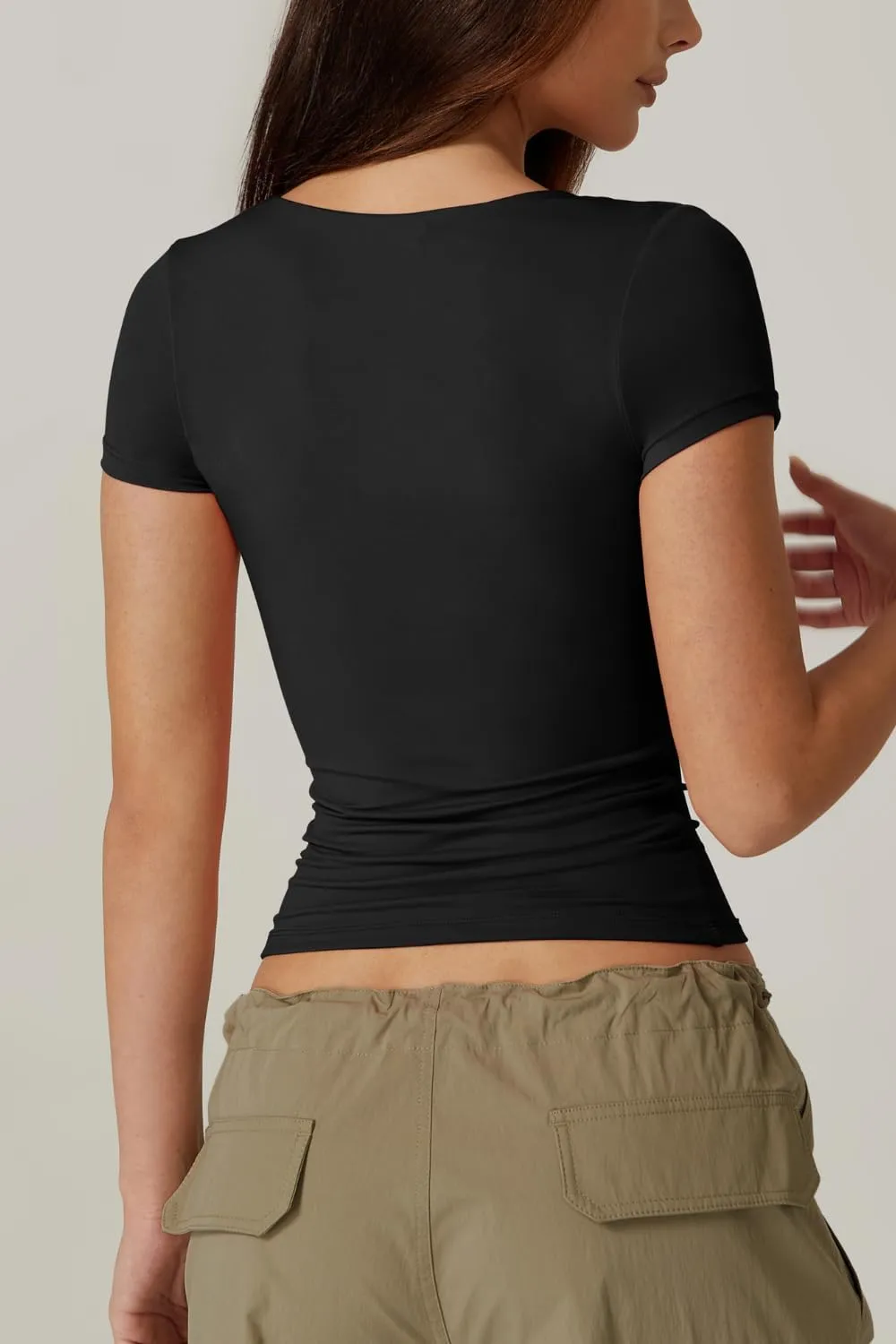 QINSEN Women's Sexy Twist Front V Neck T Shirts Double Lined Short Sleeve Slim Fit Crop Top Trendy Y2K Tops Tee