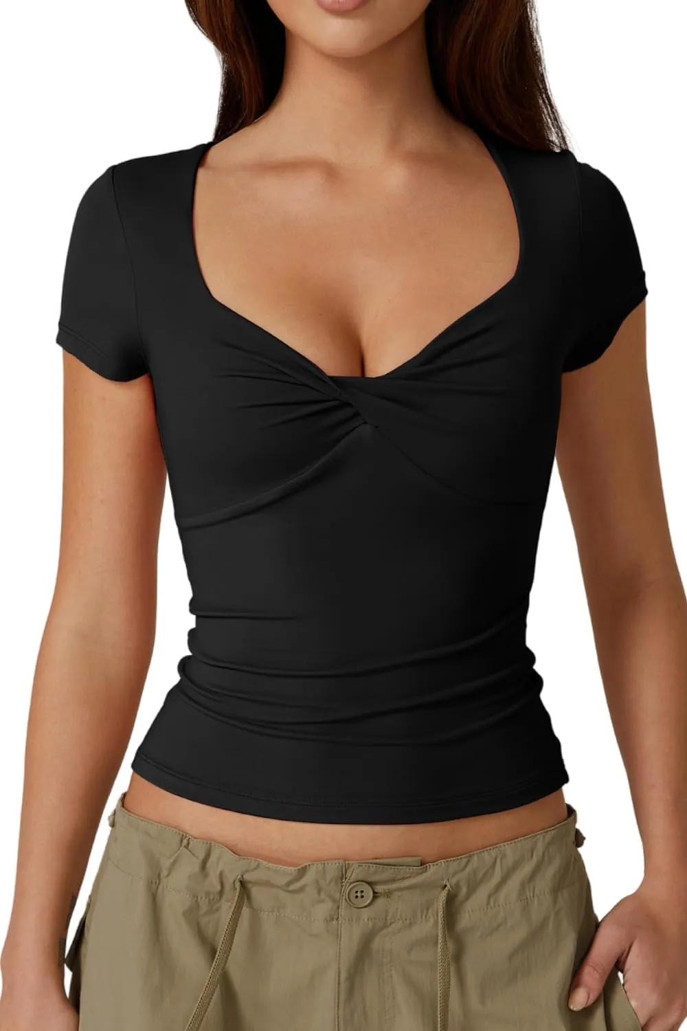 QINSEN Women's Sexy Twist Front V Neck T Shirts Double Lined Short Sleeve Slim Fit Crop Top Trendy Y2K Tops Tee
