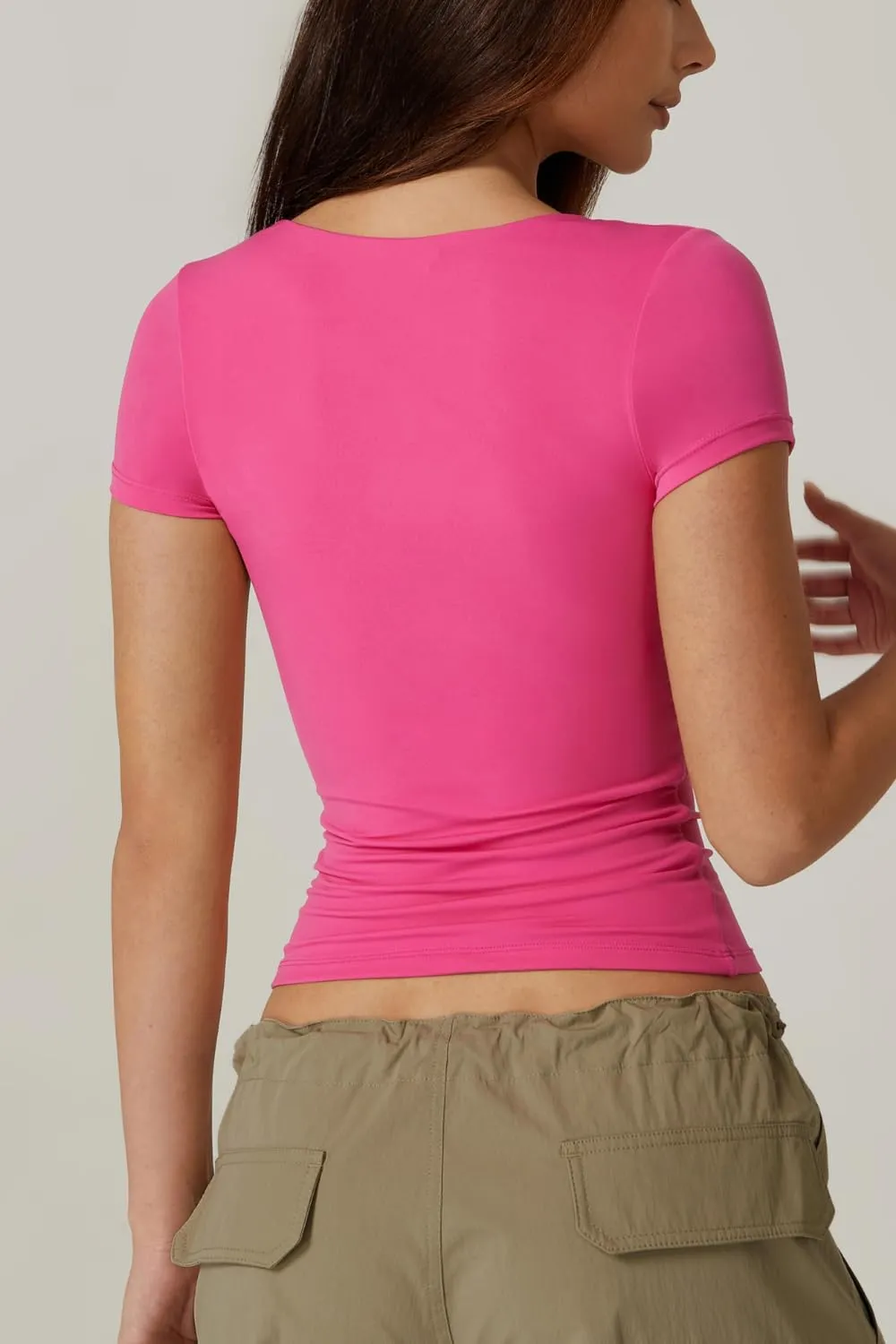 QINSEN Women's Sexy Twist Front V Neck T Shirts Double Lined Short Sleeve Slim Fit Crop Top Trendy Y2K Tops Tee