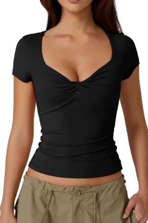 QINSEN Women's Sexy Twist Front V Neck T Shirts Double Lined Short Sleeve Slim Fit Crop Top Trendy Y2K Tops Tee
