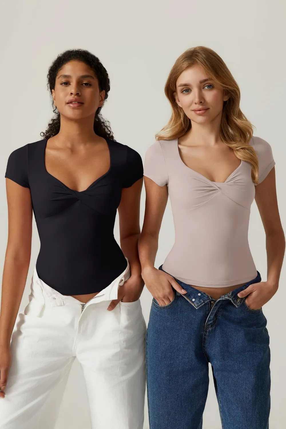 QINSEN Women's Sexy Twist Front V Neck T Shirts Double Lined Short Sleeve Slim Fit Crop Top Trendy Y2K Tops Tee