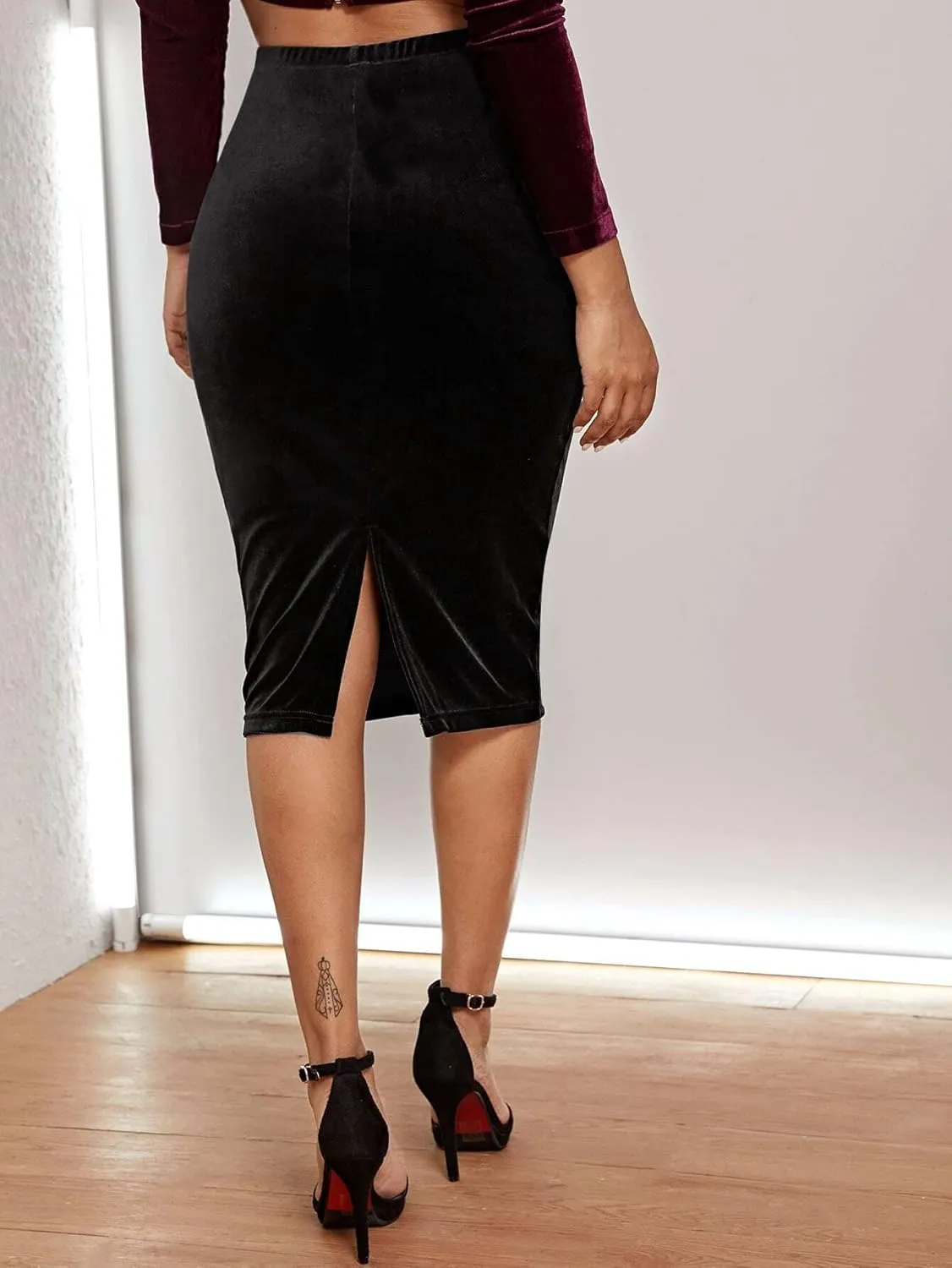 SOLY HUX Women's High Waist Split Hem Velvet Bodycon Pencil Midi Skirt