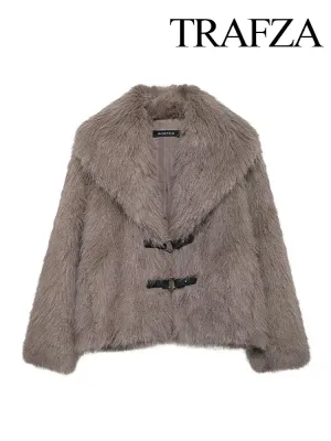 TRAFZA Frauen Elegante Faux Pelz Winter Mantel Solide Drehen Unten Kragen Mit Langen Ärmeln Dicke Mäntel Frau Lange Hülse Lose Warme Jacke