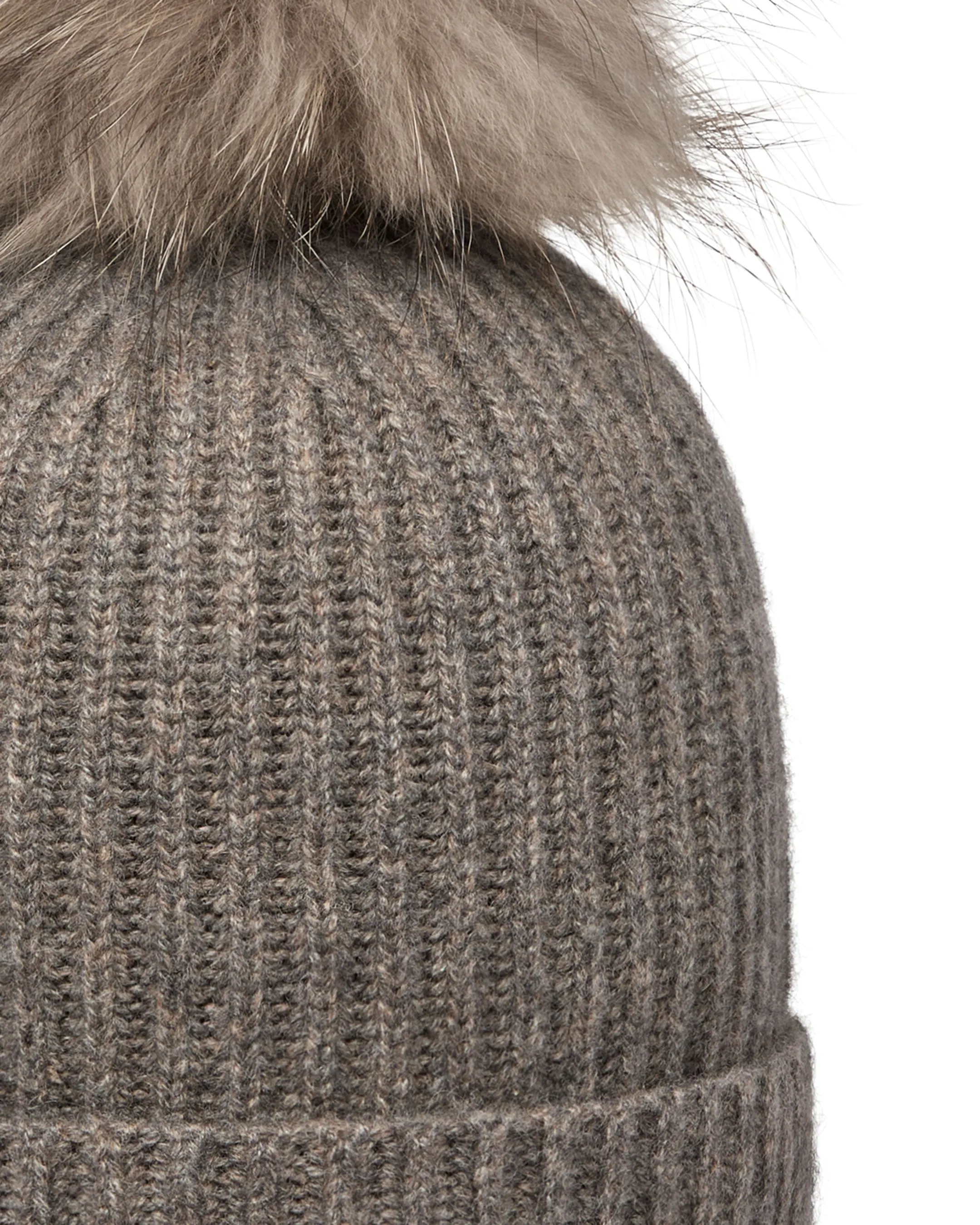 Unisex Ribbed Cashmere Hat With Detachable Pom Wood Smoke Brown