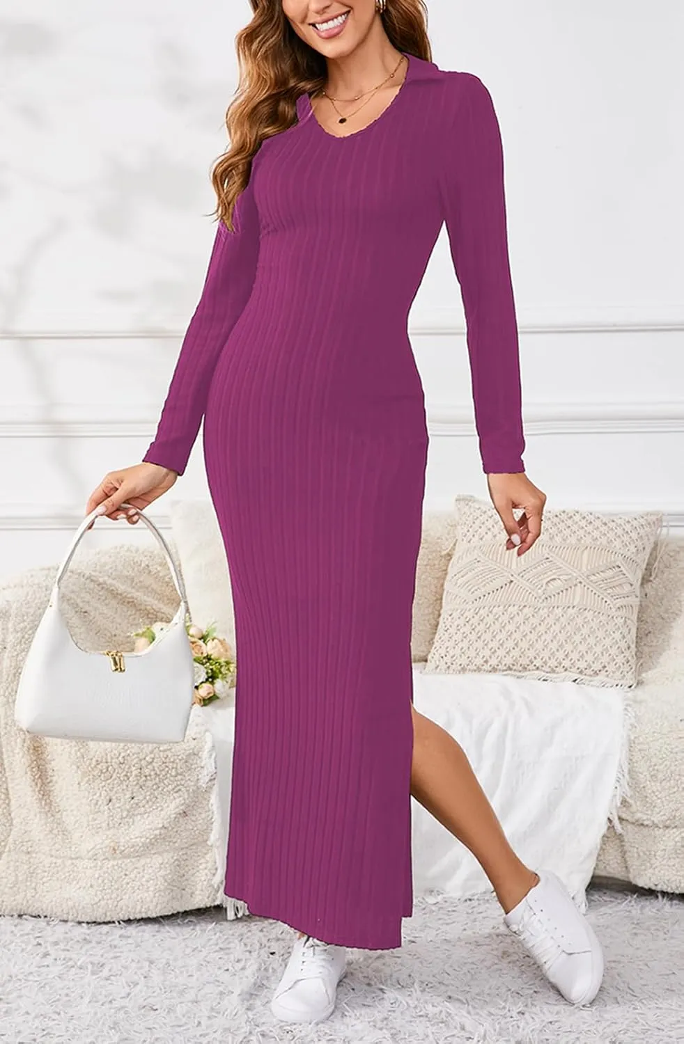 Women's Casual Long Sleeve Collar V Neck Maxi Sweater Dress Sexy Slit Thigh Ribbed Knit Bodycon Pencil Dresses