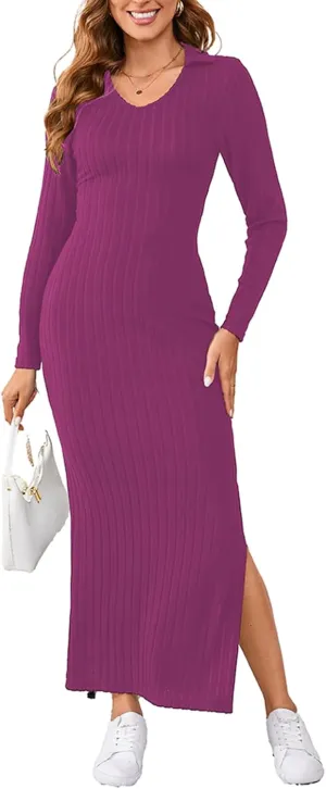 Women's Casual Long Sleeve Collar V Neck Maxi Sweater Dress Sexy Slit Thigh Ribbed Knit Bodycon Pencil Dresses