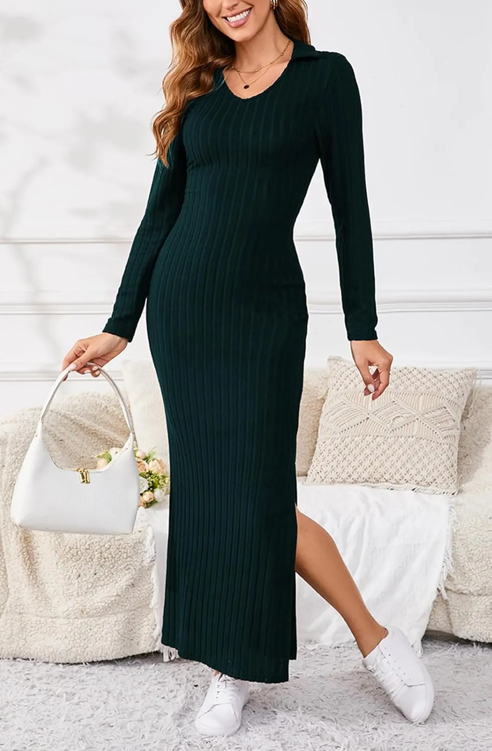 Women's Casual Long Sleeve Collar V Neck Maxi Sweater Dress Sexy Slit Thigh Ribbed Knit Bodycon Pencil Dresses