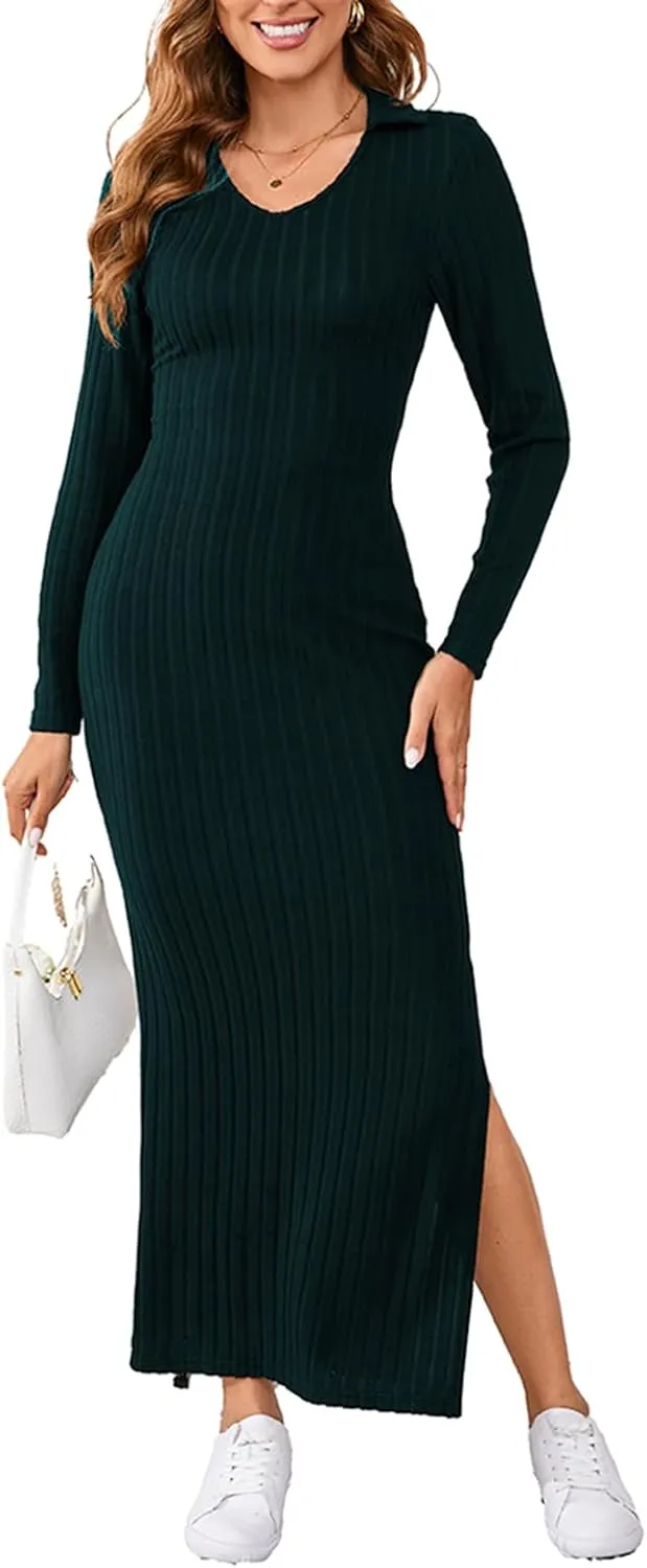 Women's Casual Long Sleeve Collar V Neck Maxi Sweater Dress Sexy Slit Thigh Ribbed Knit Bodycon Pencil Dresses