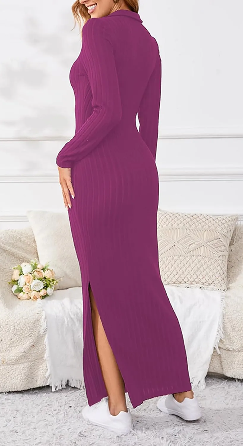 Women's Casual Long Sleeve Collar V Neck Maxi Sweater Dress Sexy Slit Thigh Ribbed Knit Bodycon Pencil Dresses