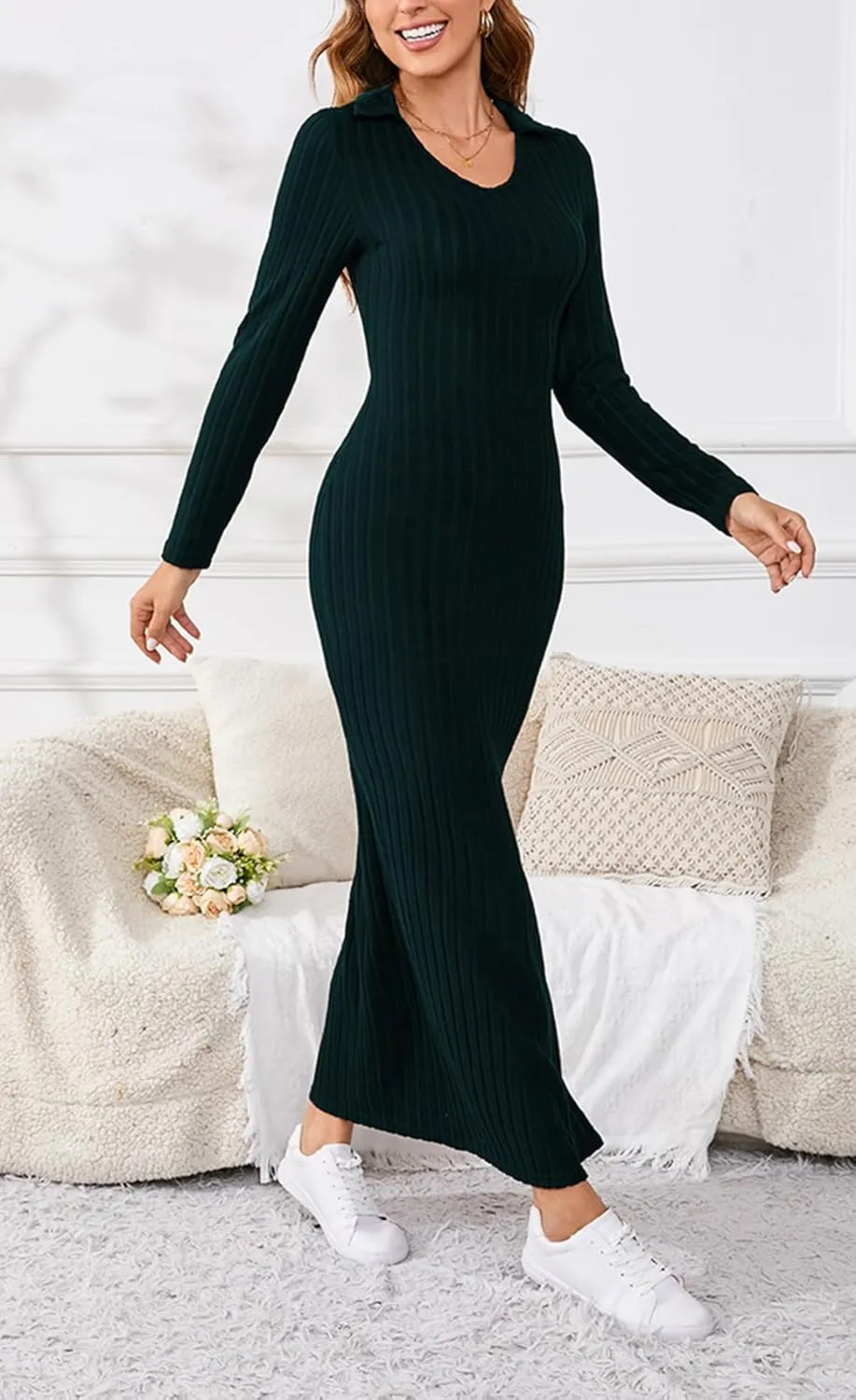 Women's Casual Long Sleeve Collar V Neck Maxi Sweater Dress Sexy Slit Thigh Ribbed Knit Bodycon Pencil Dresses