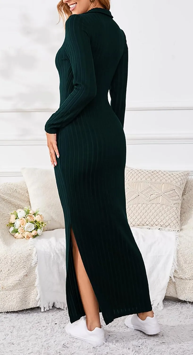 Women's Casual Long Sleeve Collar V Neck Maxi Sweater Dress Sexy Slit Thigh Ribbed Knit Bodycon Pencil Dresses
