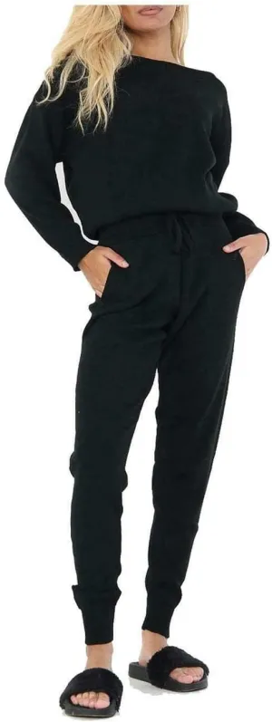 Womens Knitted Drawstring Trouser Co Ord Set Ladies Boat Neck Long Sleeve Top Suit