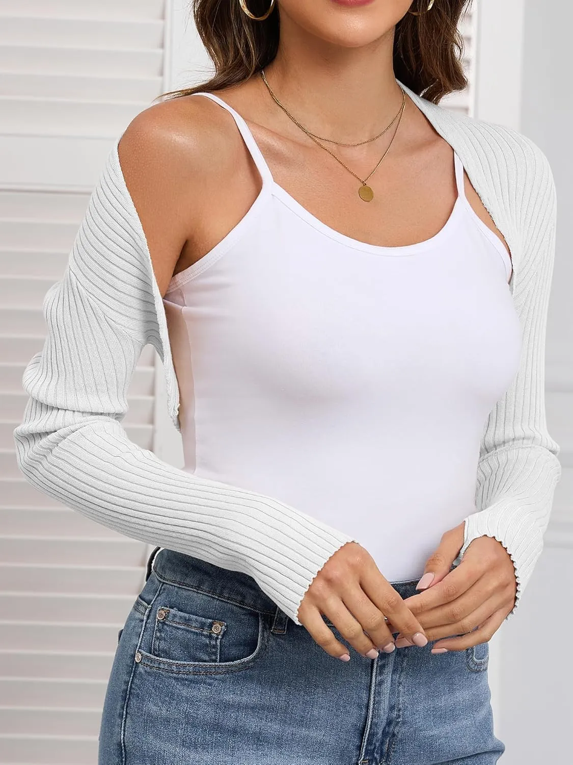 Women's Long Sleeve Shrug Sweaters Knit Bolero Shoulder Open Cropped Cardigan