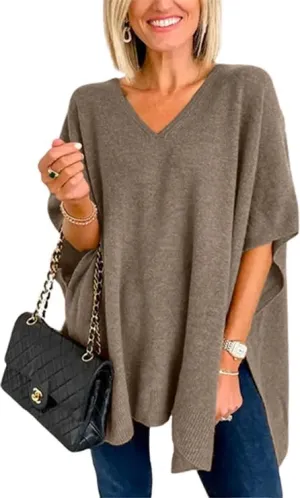 Womens Short Sleeve V Neck Pocho Sweater Fashion Side Slit Sweater Pullover Shawl Loose Fitting Ponchos Wraps Baggy Tops