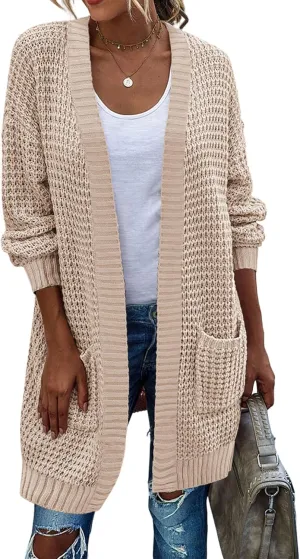 Zeagoo Women's 2025 Fall Open Front Cardigan Long Batwing Sleeve Chunky Knit Sweater Loose Outerwear Coats with Pockets