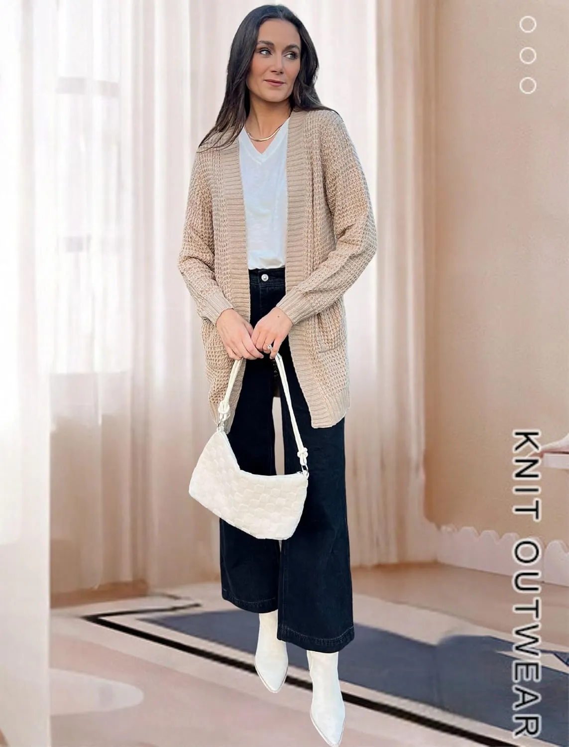 Zeagoo Women's 2025 Fall Open Front Cardigan Long Batwing Sleeve Chunky Knit Sweater Loose Outerwear Coats with Pockets